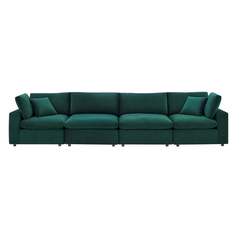 Performance Velvet & Down Feather Overstuffed 4-Seater Sofa with Black Metal Legs