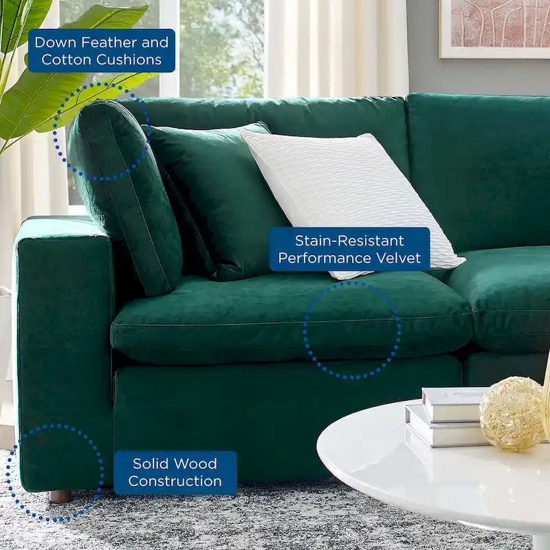 Performance Velvet & Down Feather Overstuffed 4-Seater Sofa with Black Metal Legs