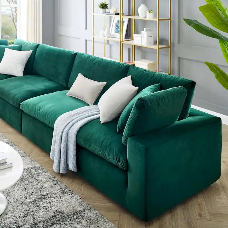 Performance Velvet & Down Feather Overstuffed 4-Seater Sofa with Black Metal Legs