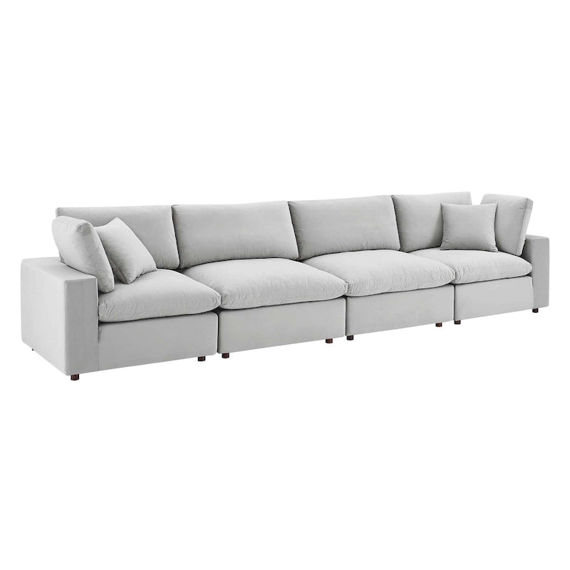 Performance Velvet & Down Feather Overstuffed 4-Seater Sofa with Black Metal Legs