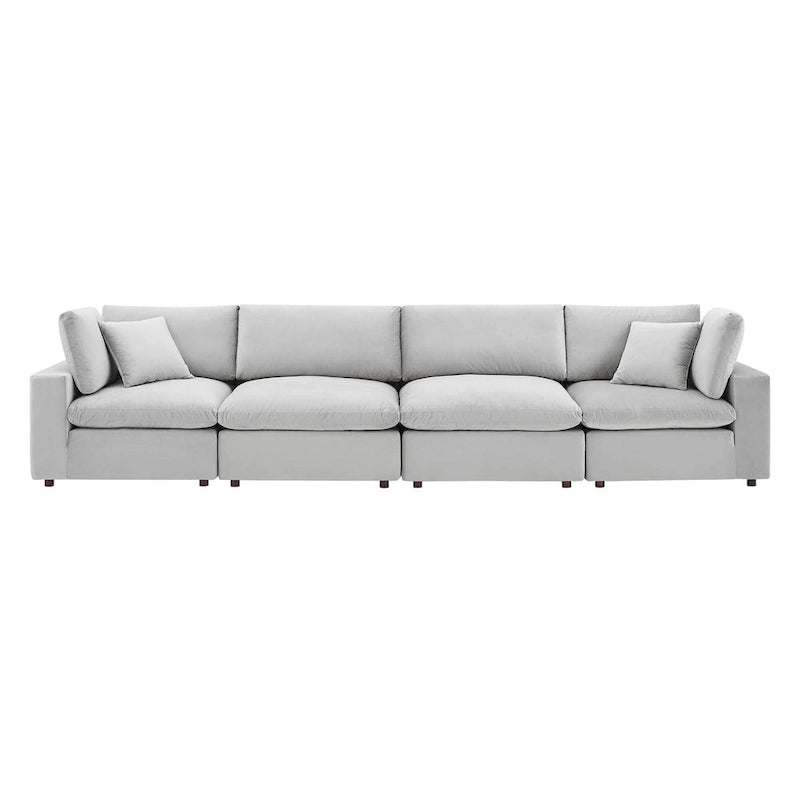Performance Velvet & Down Feather Overstuffed 4-Seater Sofa with Black Metal Legs