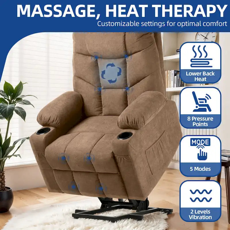 Fabric & Faux Leather Power Lift Recliner with Massage, Heating & USB