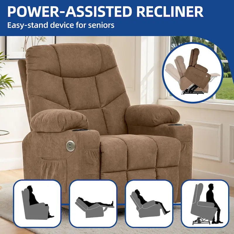 Fabric & Faux Leather Power Lift Recliner with Massage, Heating & USB