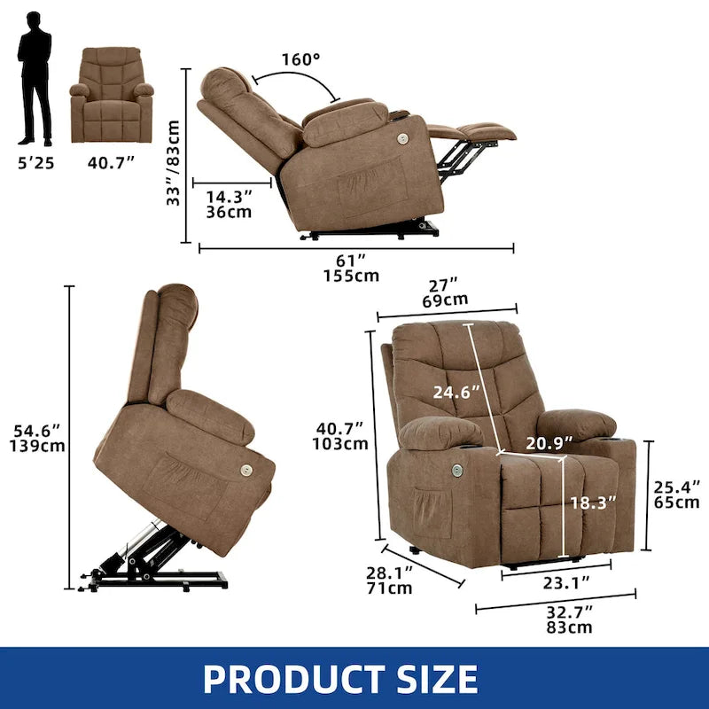 Fabric & Faux Leather Power Lift Recliner with Massage, Heating & USB