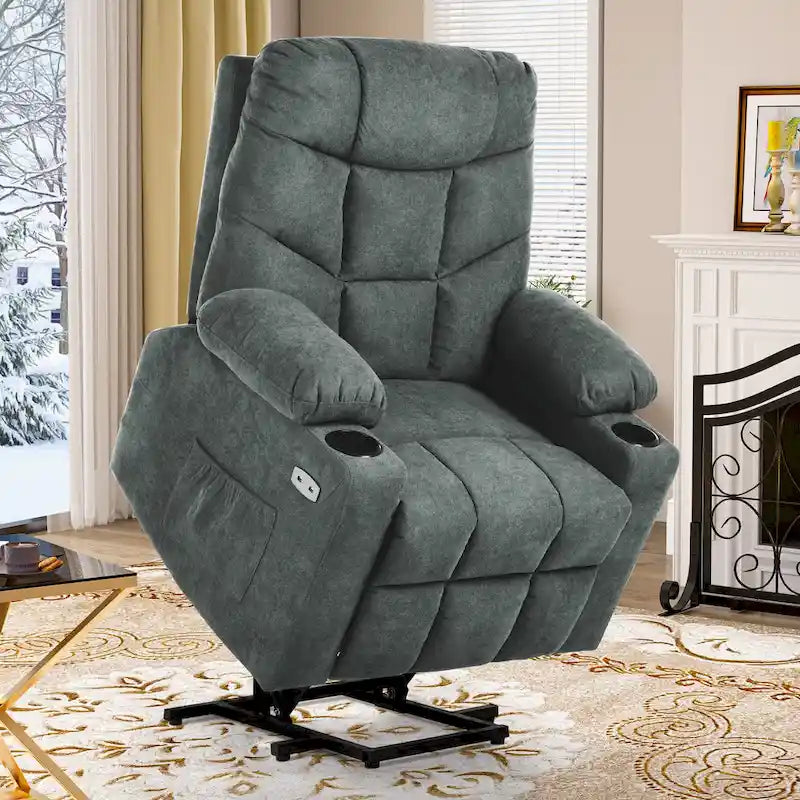 Fabric & Faux Leather Power Lift Recliner with Massage, Heating & USB