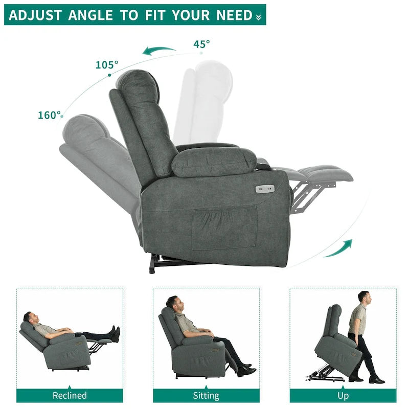 Fabric & Faux Leather Power Lift Recliner with Massage, Heating & USB