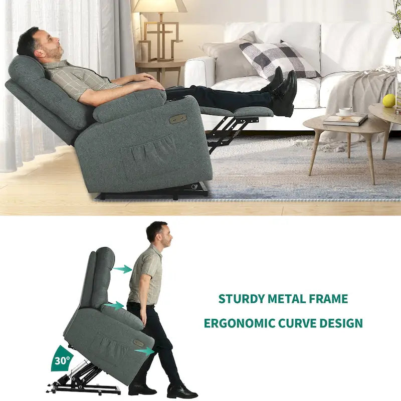 Fabric & Faux Leather Power Lift Recliner with Massage, Heating & USB
