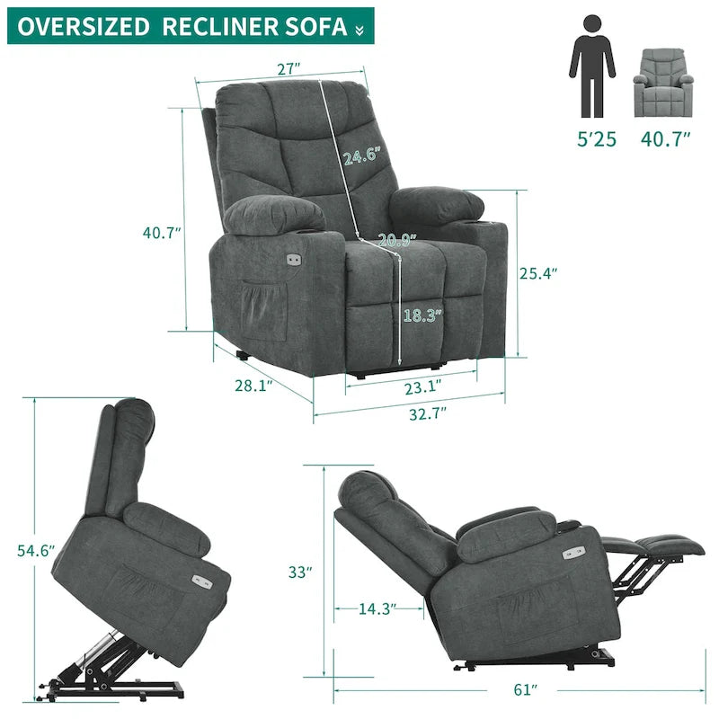 Fabric & Faux Leather Power Lift Recliner with Massage, Heating & USB