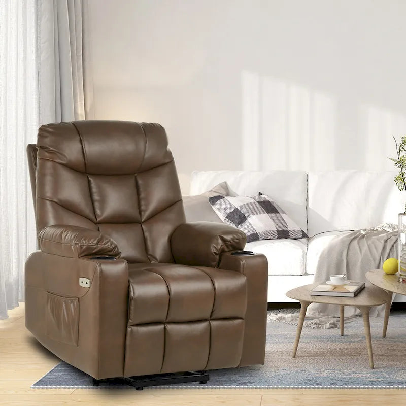 Fabric & Faux Leather Power Lift Recliner with Massage, Heating & USB