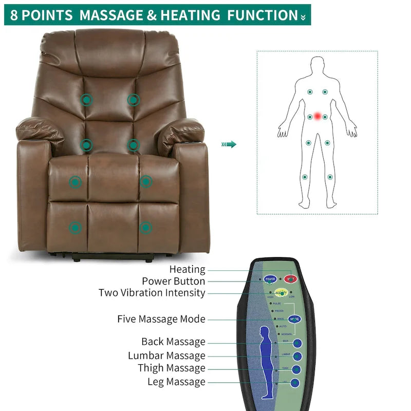 Fabric & Faux Leather Power Lift Recliner with Massage, Heating & USB