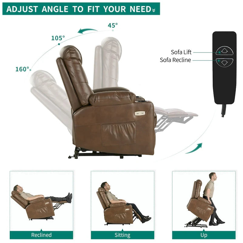 Fabric & Faux Leather Power Lift Recliner with Massage, Heating & USB