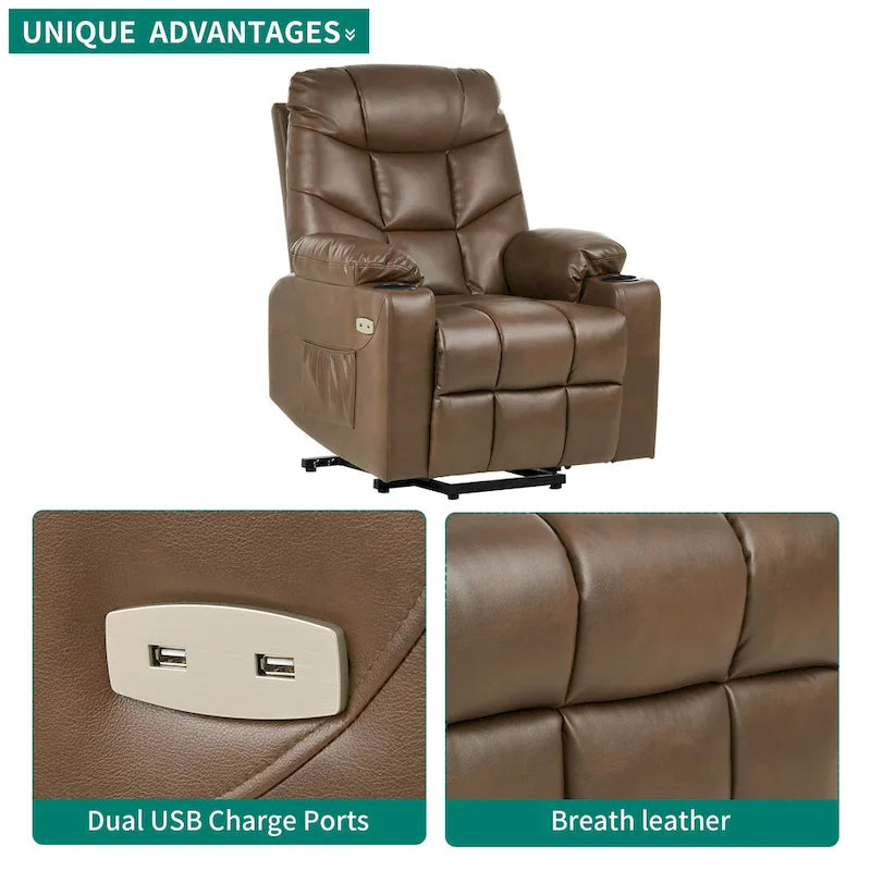 Fabric & Faux Leather Power Lift Recliner with Massage, Heating & USB