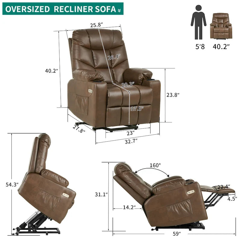 Fabric & Faux Leather Power Lift Recliner with Massage, Heating & USB