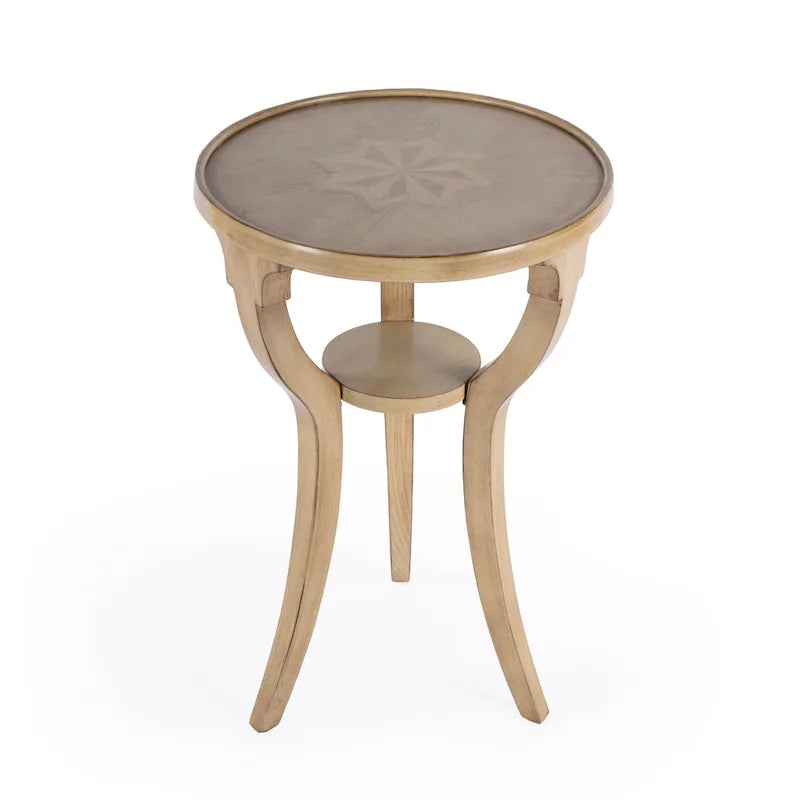 Round Wood Accent Table with Splayed Legs & Lower Shelf