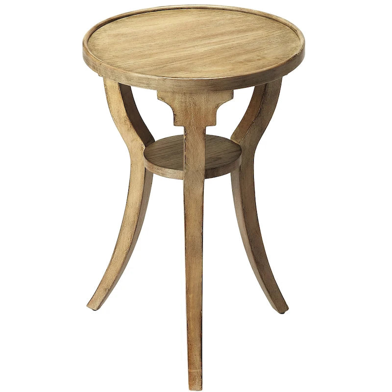 Round Wood Accent Table with Splayed Legs & Lower Shelf