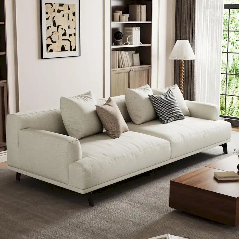 Cotton Linen & Solid Wood Frame Tufted Sofa in Gray