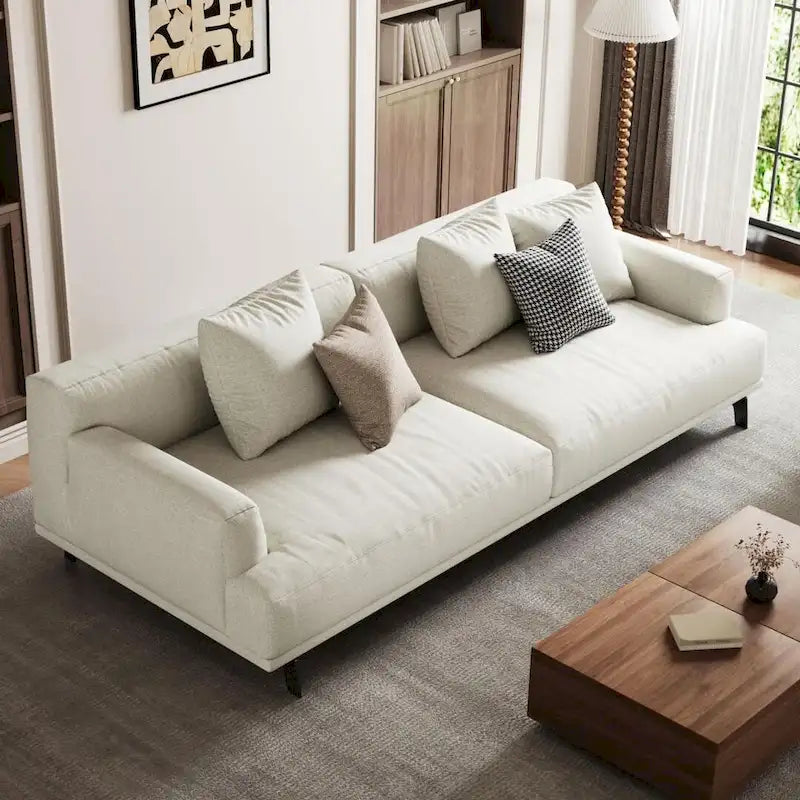 Cotton Linen & Solid Wood Frame Tufted Sofa in Gray
