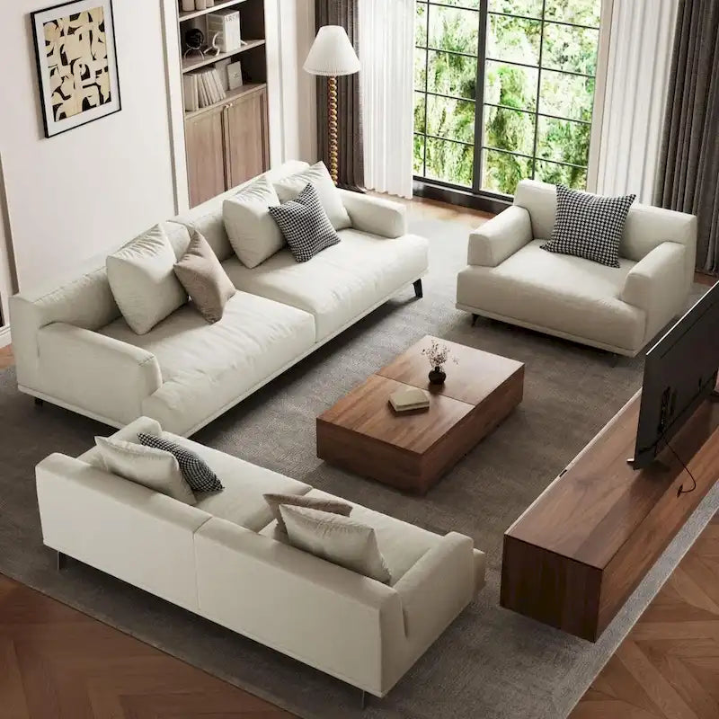 Cotton Linen & Solid Wood Frame Tufted Sofa in Gray