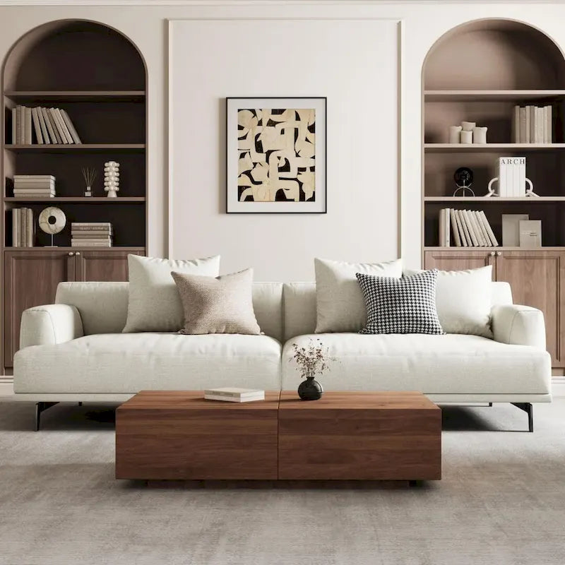 Cotton Linen & Solid Wood Frame Tufted Sofa in Gray