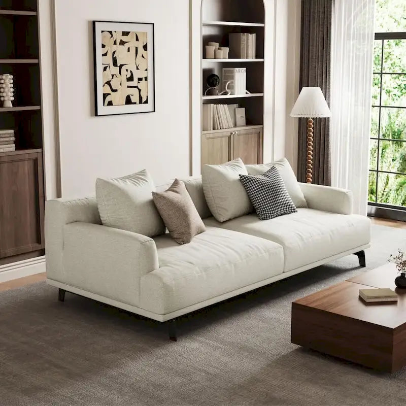 Cotton Linen & Solid Wood Frame Tufted Sofa in Gray