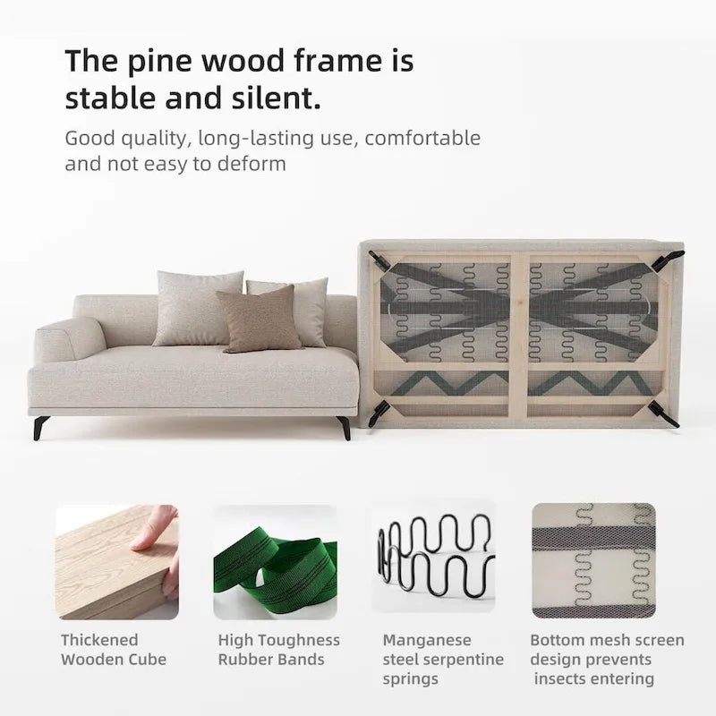 Cotton Linen & Solid Wood Frame Tufted Sofa in Gray
