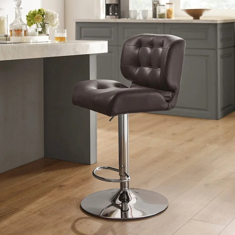 Tufted Faux Leather & Chrome Metal Adjustable Swivel Bar Stool with Footrest