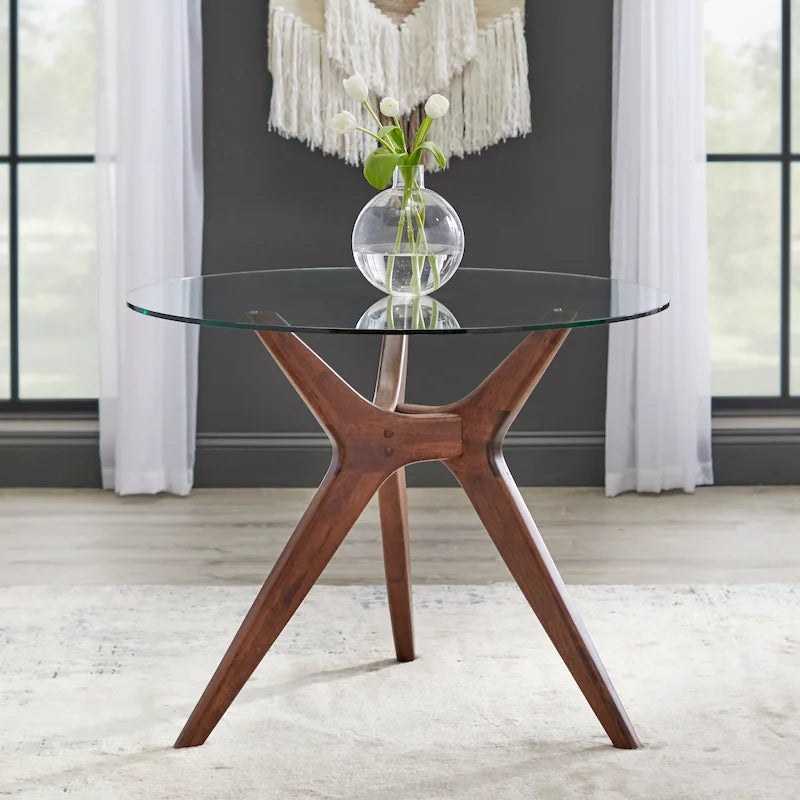 Round Tempered Glass Dining Table with Angled Wood Legs