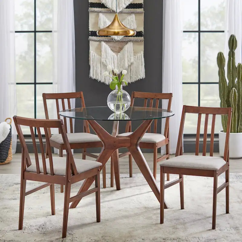 Round Tempered Glass Dining Table with Angled Wood Legs