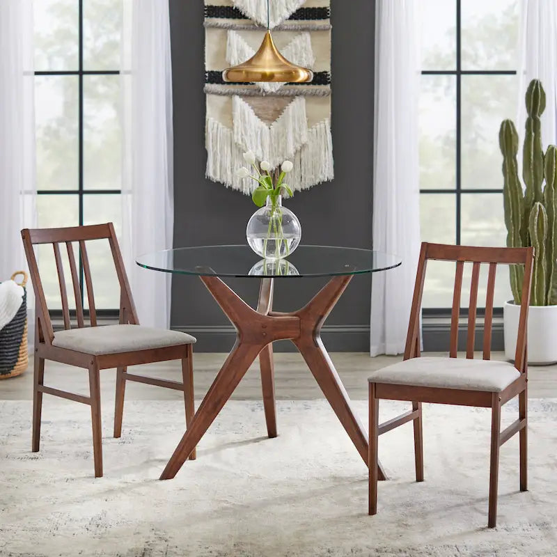 Round Tempered Glass Dining Table with Angled Wood Legs