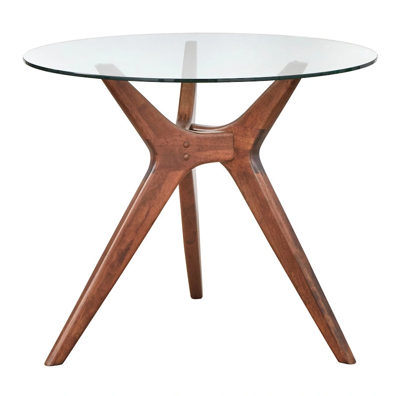 Round Tempered Glass Dining Table with Angled Wood Legs