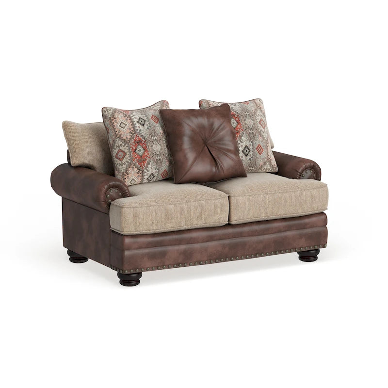 Faux Leather Traditional Loveseat with Nailhead Trim & Bun Feet 72.5"
