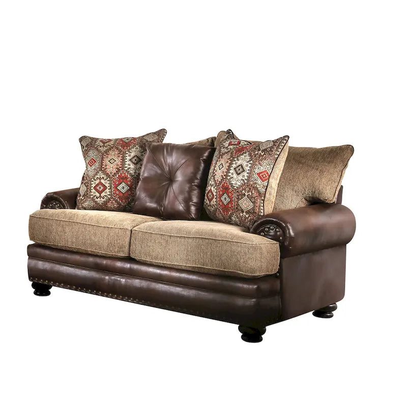 Faux Leather Traditional Loveseat with Nailhead Trim & Bun Feet 72.5"