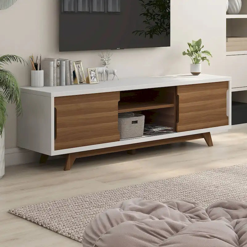 Veneer Mid-Century Modern TV Stand with 2 Cabinets & 6 Shelves 62"