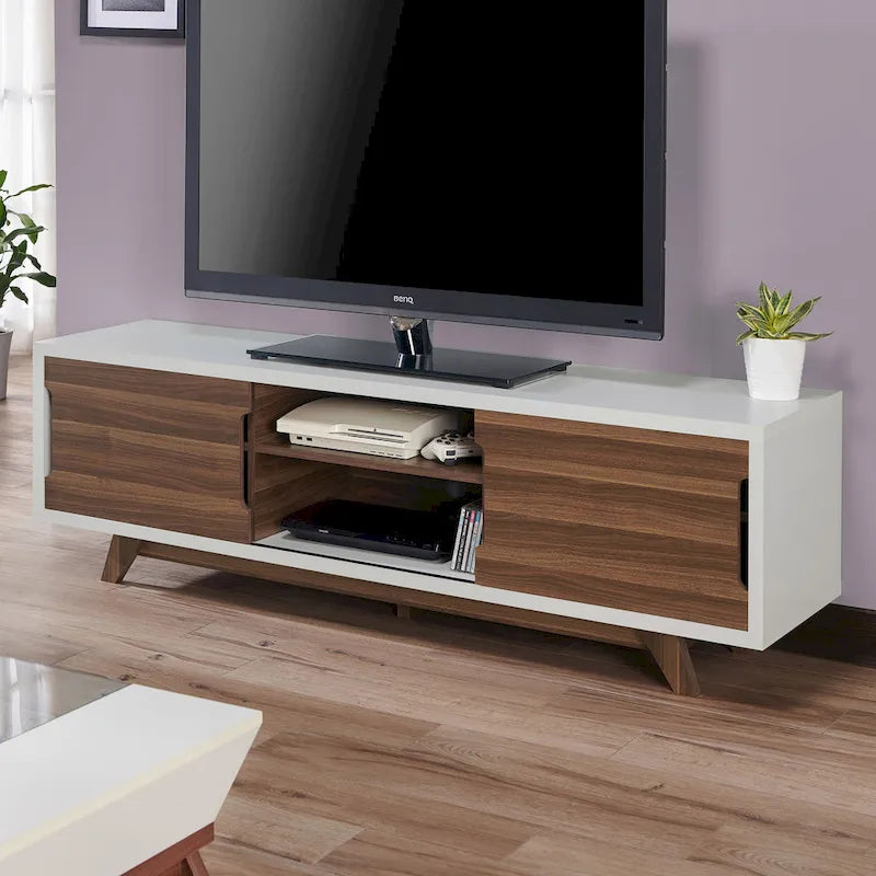 Veneer Mid-Century Modern TV Stand with 2 Cabinets & 6 Shelves 62"