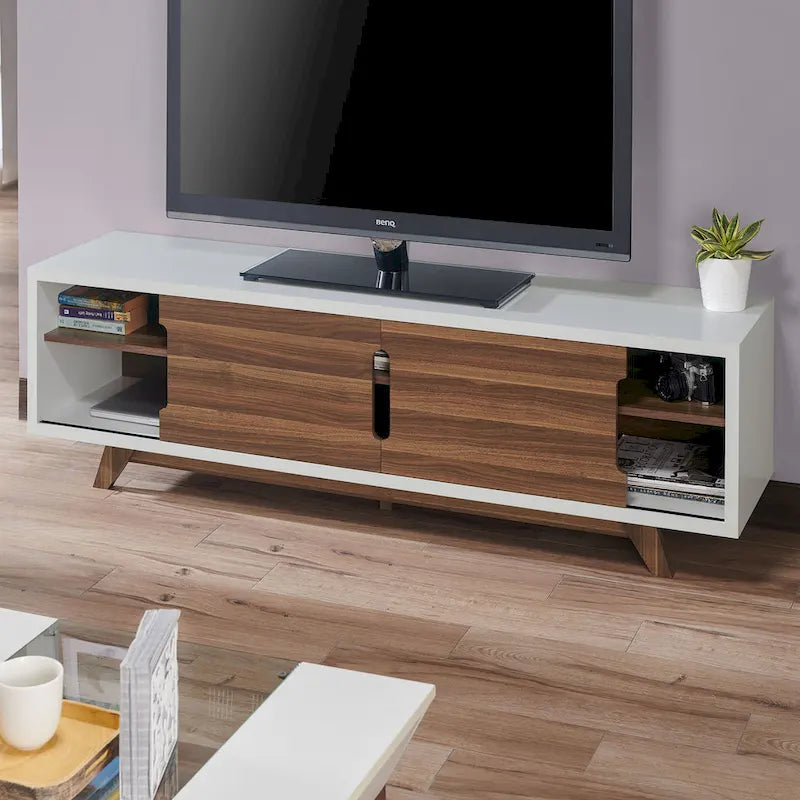 Veneer Mid-Century Modern TV Stand with 2 Cabinets & 6 Shelves 62"