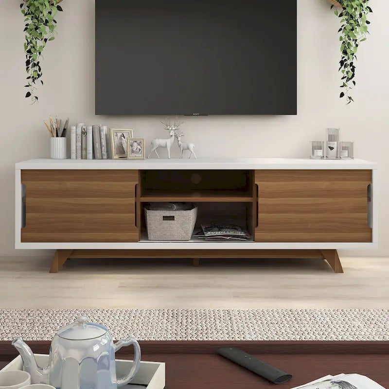 Veneer Mid-Century Modern TV Stand with 2 Cabinets & 6 Shelves 62"