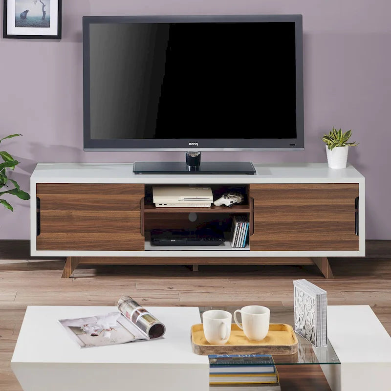 Veneer Mid-Century Modern TV Stand with 2 Cabinets & 6 Shelves 62"