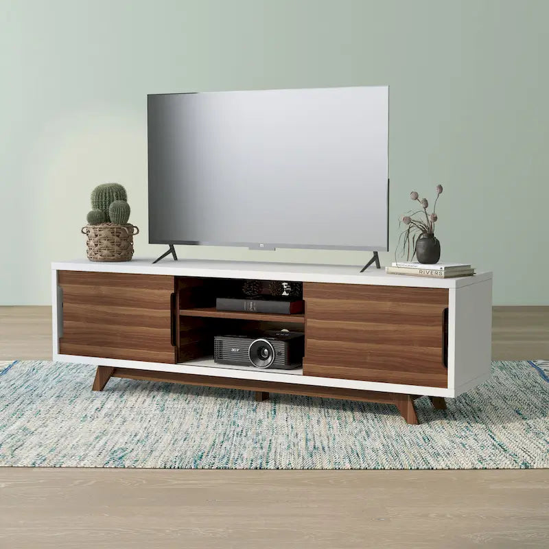 Veneer Mid-Century Modern TV Stand with 2 Cabinets & 6 Shelves 62"
