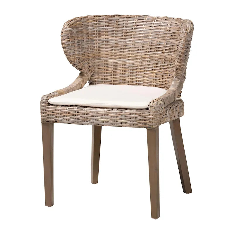 Rattan & Mahogany Wood Bohemian Dining Chair with Removable Cushion
