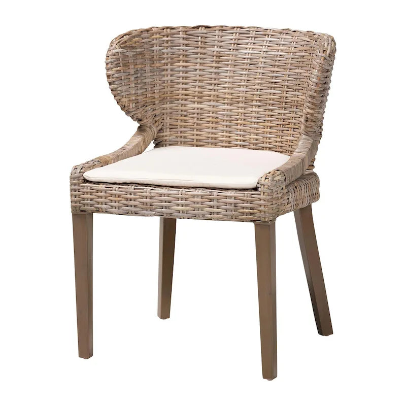 Rattan & Mahogany Wood Bohemian Dining Chair with Removable Cushion