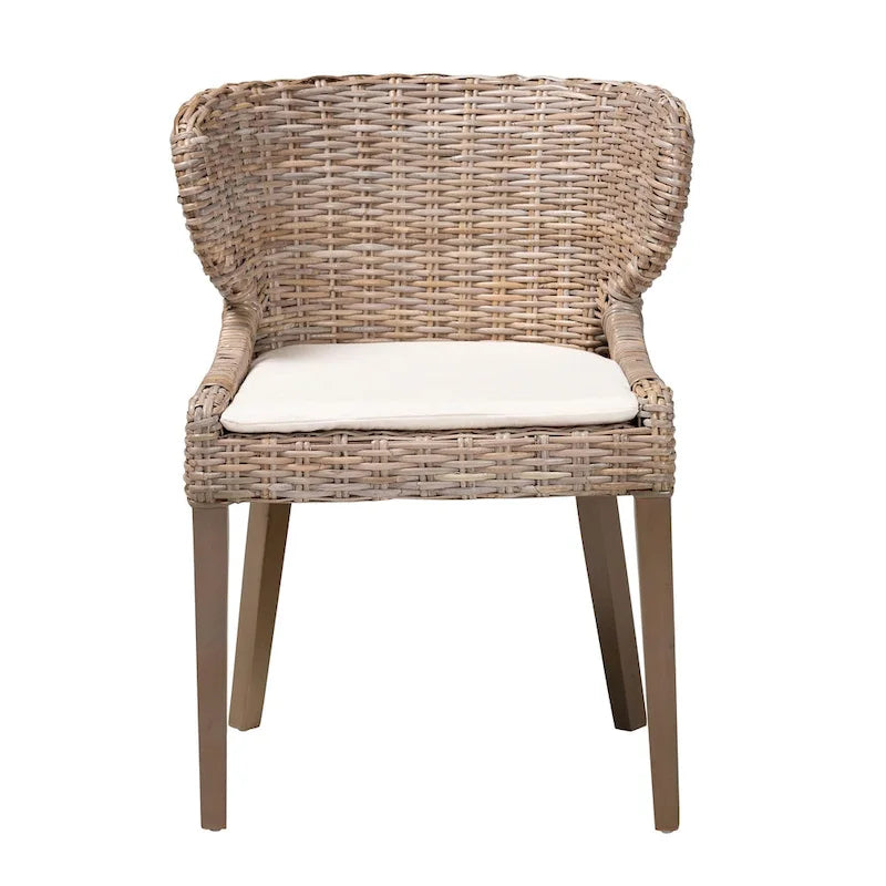 Rattan & Mahogany Wood Bohemian Dining Chair with Removable Cushion