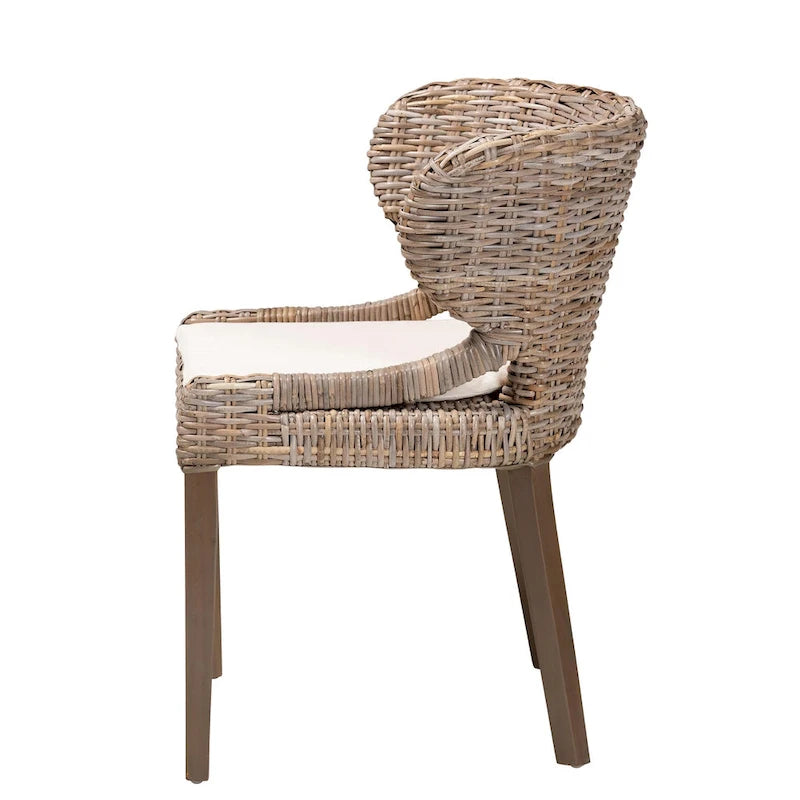 Rattan & Mahogany Wood Bohemian Dining Chair with Removable Cushion