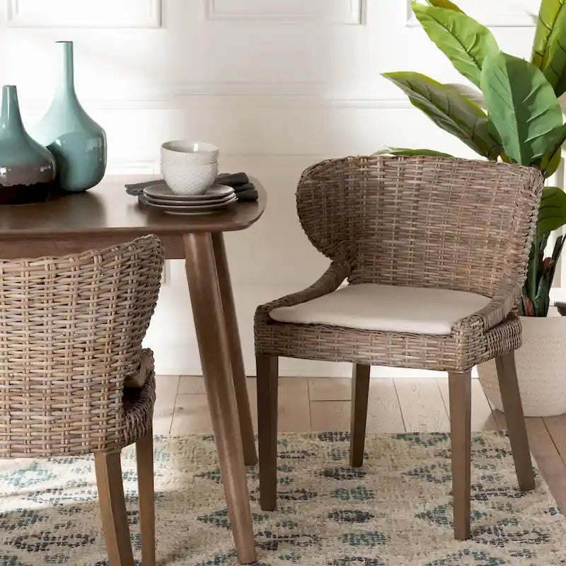 Rattan & Mahogany Wood Bohemian Dining Chair with Removable Cushion