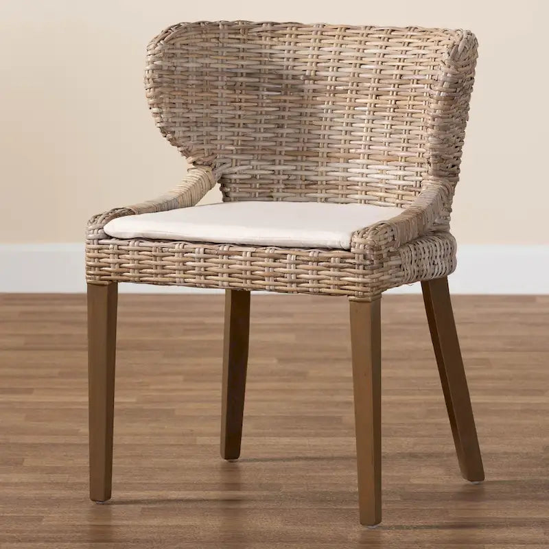 Rattan & Mahogany Wood Bohemian Dining Chair with Removable Cushion
