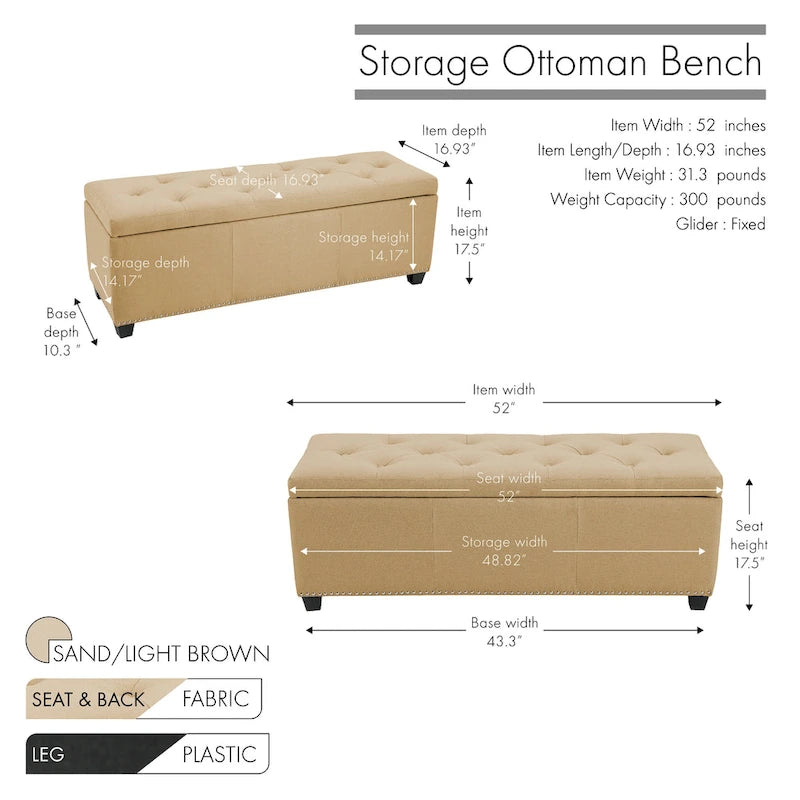 Fabric Upholstered Flip-Top Storage Ottoman Bench with Nailhead Trim 52"