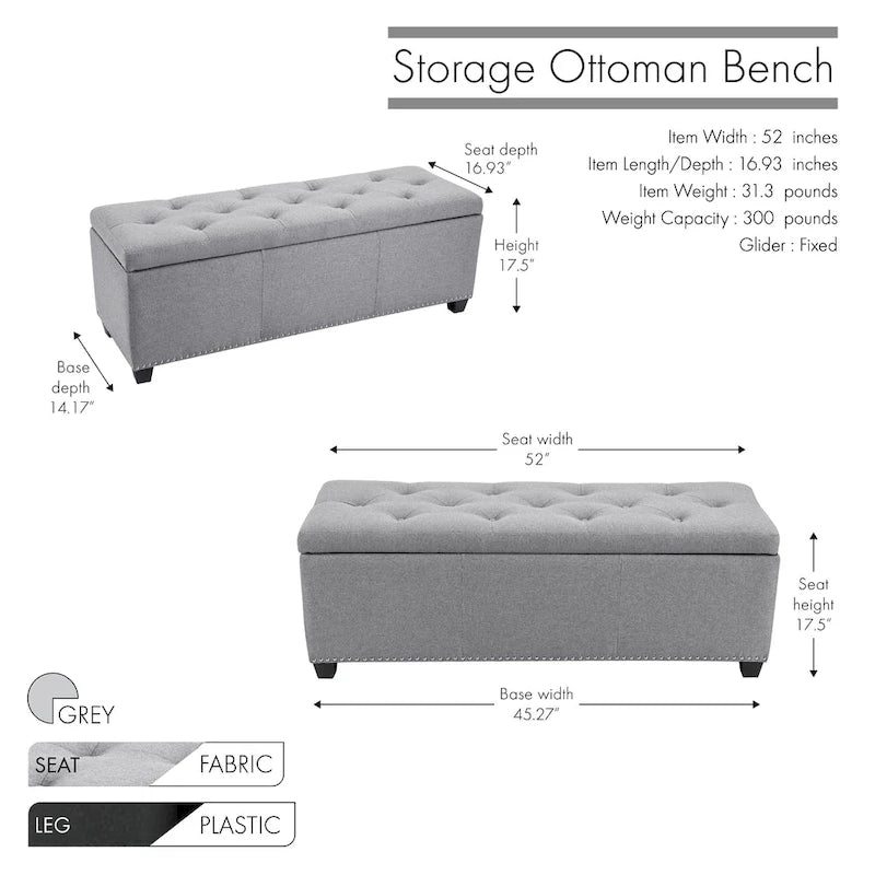 Fabric Upholstered Flip-Top Storage Ottoman Bench with Nailhead Trim 52"