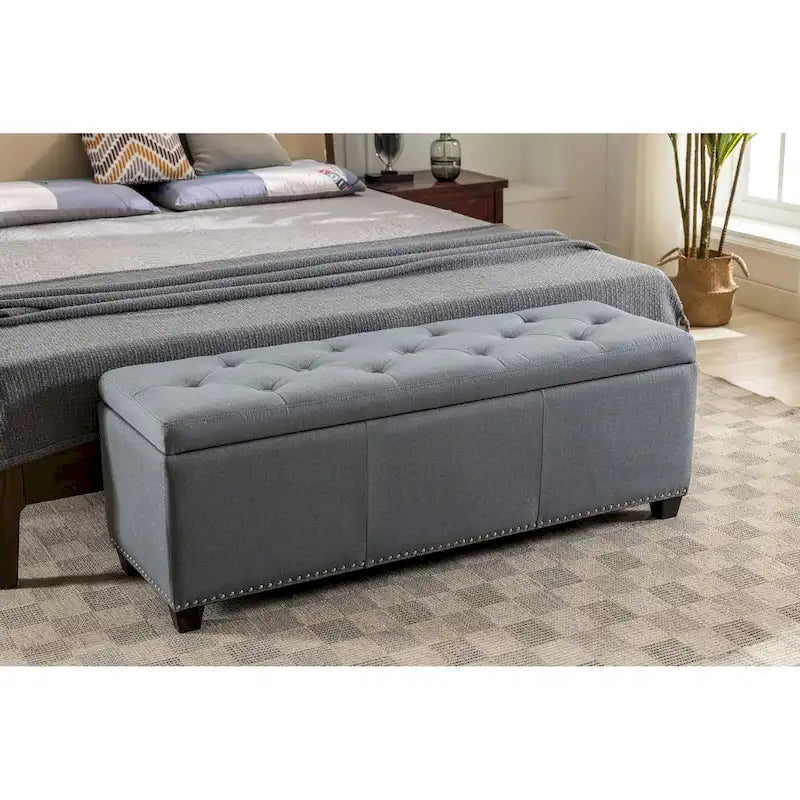Fabric Upholstered Flip-Top Storage Ottoman Bench with Nailhead Trim 52"