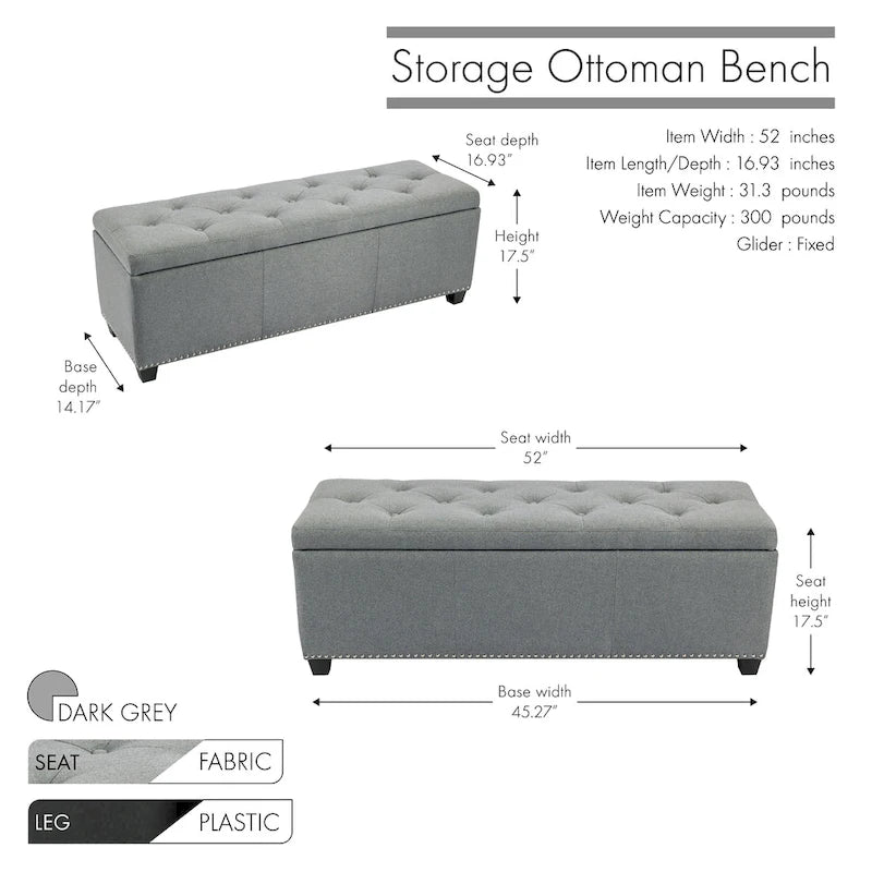 Fabric Upholstered Flip-Top Storage Ottoman Bench with Nailhead Trim 52"