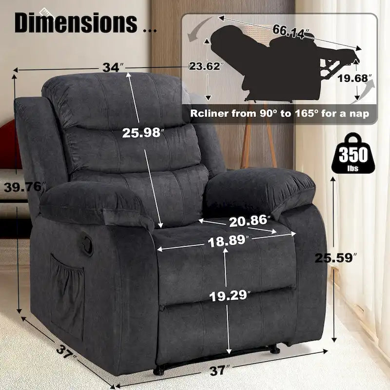 Velvet Wall Hugger Recliner Chair with Massage, Heat & Timer