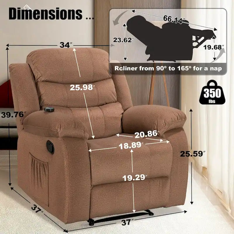 Velvet Wall Hugger Recliner Chair with Massage, Heat & Timer